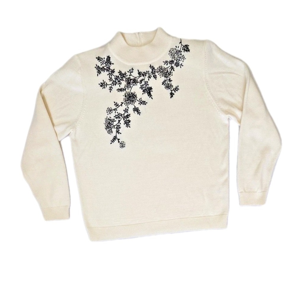 Vintage 1990s Draper's & Damon's Embroidered Beaded‎ Sweater Ivory Black Mock PL